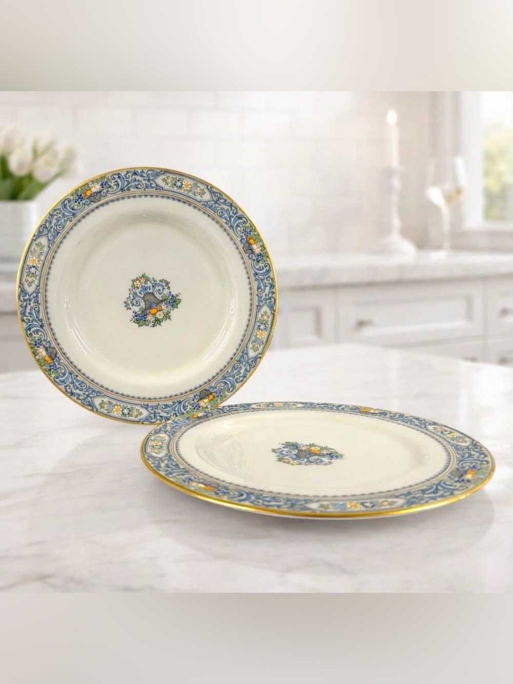 Lenox Autumn Dinner Plates Set of 2 USA Ivory China 24K Gold Jeweled Enamel Vtg